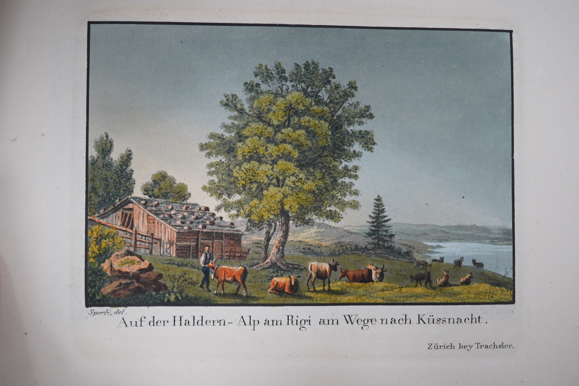 Hegi, Franz – An untitled series of 36 hand-coloured aquatint views of European scenes, 3 of them signed by Franz Hegi, and 2 uncoloured aquatints at rear, oblong 4to (122mm x 90mm), contemporary calf, black morocco lett